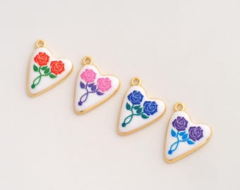Heart Pendant,Enamel Flower Pendant,18K Gold Filled Heart Flower Charm,DIY Jewelry Accessories,23.2x16x3.3mm