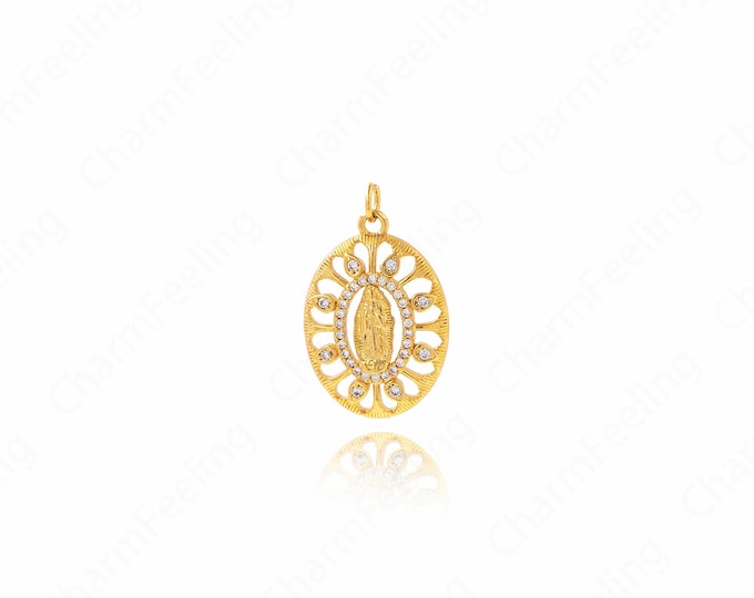 Our Lady Pendant, Oval Maria Pendant, Catholic Charm, 18K Gold Filled Madonna Charm, DIY Jewelry Supplies, 28.5x17.5x3.5mm