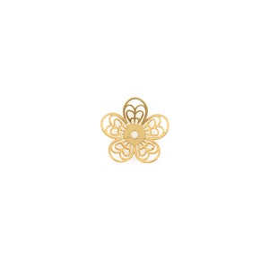 May include: Gold metal flower charm with a delicate, intricate design. The charm has a circular hole in the center for attaching to jewelry or other crafts.