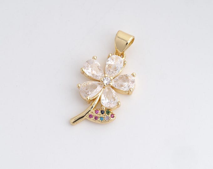 Plant Charm, Flower Pendant, Micropavé CZ Petal Charm,18K Gold Filled Plant Pendant,DIY Jewelry Accessories,26x13.2x3.3mm