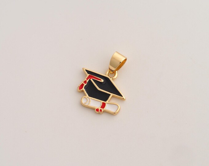 Enamel Doctoral Cap Pendant,Diploma Scroll Pendant,18K Gold Filled Doctoral Cap Charm,DIY Jewelry Accessories,20.7x18x1.6mm