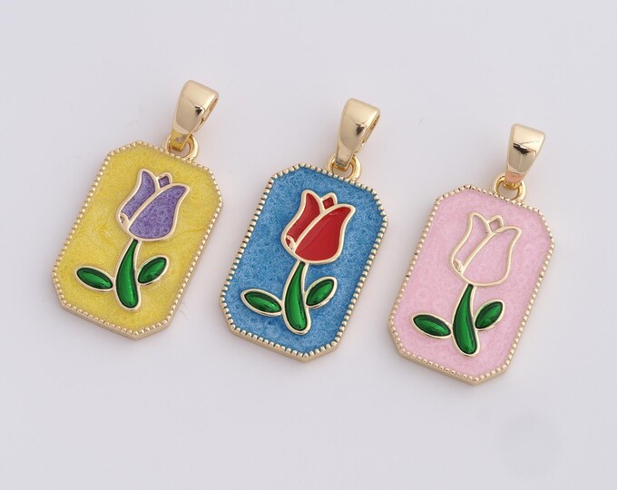 18K Gold Filled Rose Pendant,Enamel Flower Charm, Enamel Rose Necklace, DIY Jewelry Making Accessories 29.5x14x2.4mm