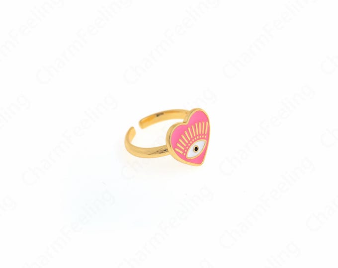 Heart Signet ring Ring,Enamel Engagement Ring, 18K Gold Filled Eye Ring, Enamel Heart Rings,Gold Open Ring, Adjustable Ring, Gift For Her
