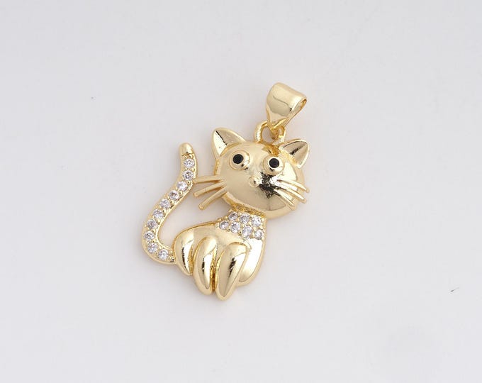 Micropavé CZ Cat Pendant, 18K Gold Filled Cat Necklace, Cat Pendant, Animal Charm, Cat Charm, DIY Jewelry Accessories 26.3x16x3.8mm