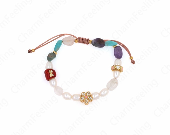 Flower Bracelet, Gemstone Bracelet, Adjustable Bracelet, 18K Gold Filled Chain Bracelet, Plant Bracelet, Pearl Bracelet,