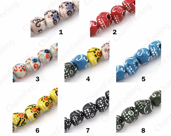 Bulk Hand Painted Skull Beads, Glazed Ceramic Skull Beads, Day of the Dead Jewelry, Painted Ceramic Beads, DIY Ceramic Crafts, 15x12x12.5mm