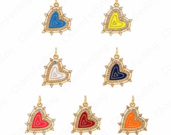 Enamel Heart Charm,Micropavé CZ Enamel Heart-Shaped Pendant, Heart-Shaped Necklace, DIY Jewelry Making Accessories 21.5x18.5x2mm