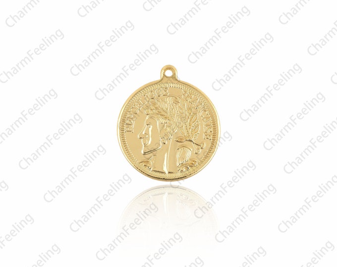 Gold Coin Necklace，round coins human face charms,Gold plated charms 28.6x25x1.7mm 1pcs