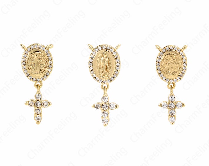 Virgin Charm,Micropavé CZ Cross Necklace,Christian Charm,18K Gold Filled Oval Pendant,DIY Jewelry Accessories,25x10x2mm