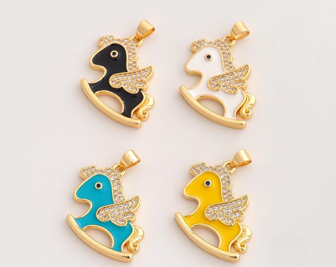 CZ Rocking Horse Pendant,Enamel Horse Pendant,18K Gold Filled Rocking Horse Charm,DIY Jewelry Accessories,27.5x25.3x3mm