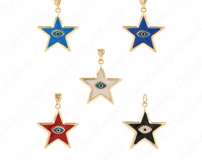 Eye Charm, Eye Pendant, Enamel Eye Charm, Micropavé CZ Star Pendant, 18K Gold Filled Star Charm, DIY Jewelry Supplies, 26x22x2.5mm