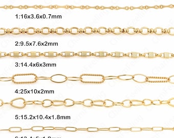 May include: Six different gold chains with varying link sizes and styles. The chains are arranged vertically, with the smallest chain at the top and the largest chain at the bottom. Each chain is labeled with its dimensions in millimeters.