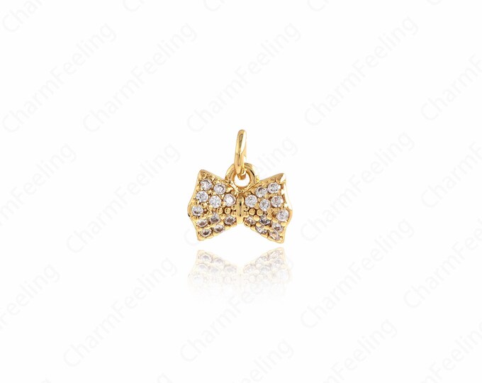Gold Bow Necklace, Bow Pendant, Micropavé CZ Knot Charm, 18K Gold Filled Bow Charm, DIY Jewelry Supplies, 9x8.3x2.6mm