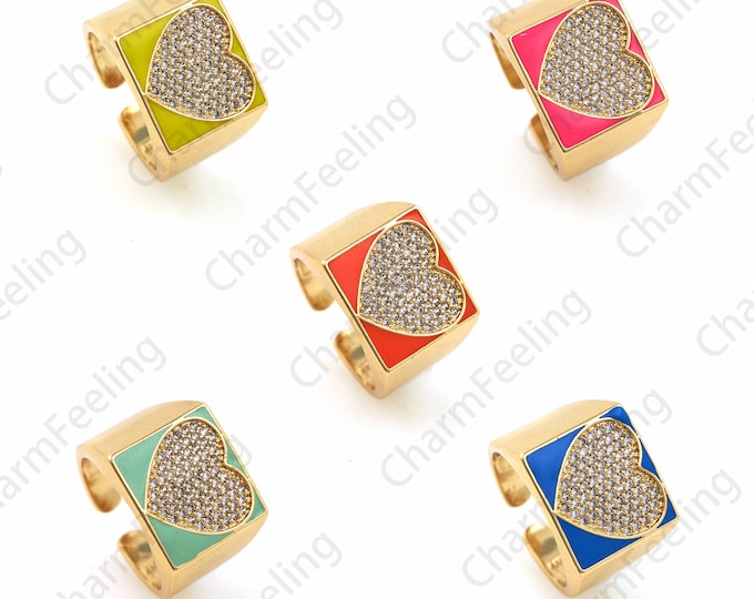 18K Gold Filled Enamel Signet Ring, Micropavé CZ Heart Ring, Good Luck Ring, Heart-Shaped Charm, Gold Open Ring, Adjustable Ring, Love Ring