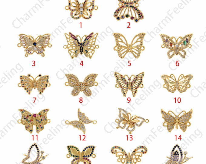 Micropavé Cubic Zirconia Gold-Plated Butterfly Connector, Butterfly Bracelet, Butterfly Charm, Butterfly Charm,DIY Jewelry Accessories