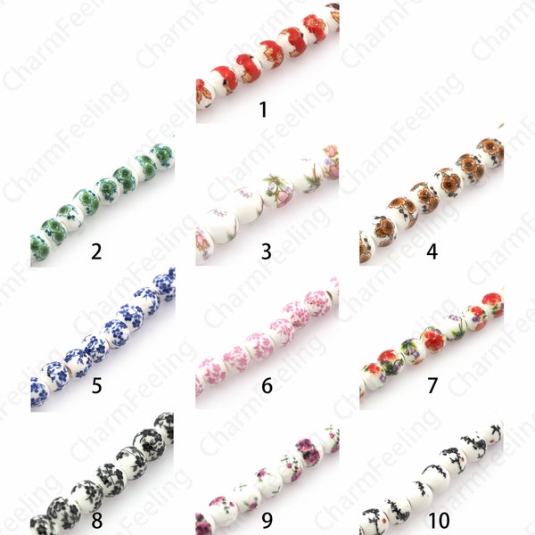 Ball Spacer Beads, Ceramic Flower Beads, Painted Beads, Ceramic Jewelry, Hand Painted Ceramic Beads, DIY Jewelry Supplies, 6/8/10/12mm