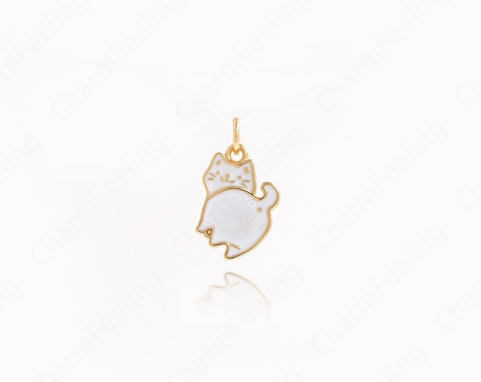 18K Gold Filled Cat Pendant,Enamel Cat Necklace, Cute Jewelry, Animal Pendant, Animal Charm, DIY Jewelry Accessories, 17.5x10.5x1.7mm