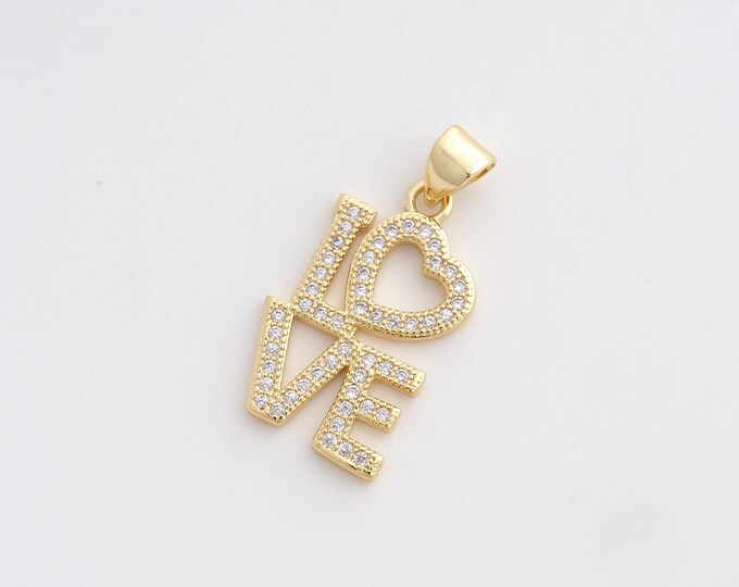 18K Gold Filled Heart Pendant,LOVE Pendant,Letter Pendant,Micropavé CZ Love Charm, DIY Jewelry Accessories 26.8x13.6x1.6mm
