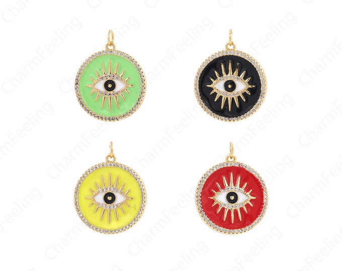 Dainty Eye Pendant, Gold Eye Pendant,Micropavé CZ Eye Pendant 18K Gold Filled Good Luck Pendant Round Eye Necklace, 27x22x3mm
