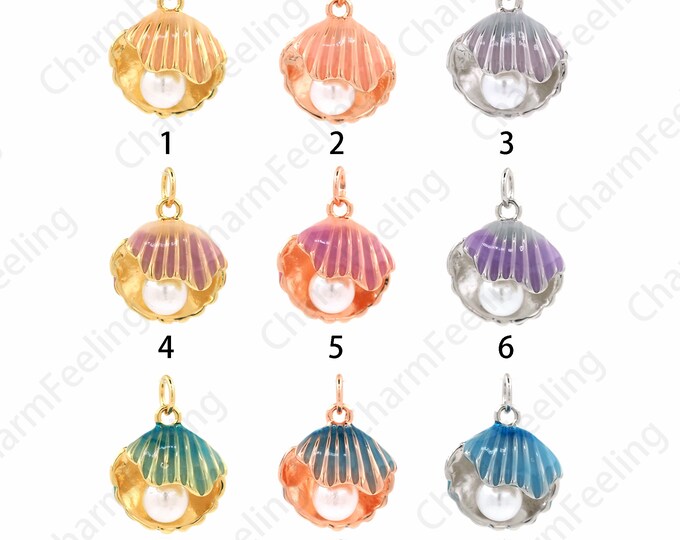 Enameled Pearl Charm, Enameled Pearl Pendant, Clam Necklace, 18K Gold Filled Shell Pendant, Pearl Pendant, Clam Charm,19x14.5x8.5mm