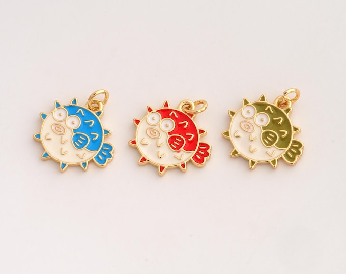 Enamel Pufferfish Pendant,Marine Life Pendant,18K Gold Filled Pufferfish Charm,DIY Jewelry Accessories,20x17.7x1.8mm