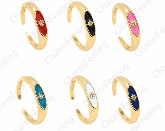 18K Gold Filled Enamel Polaris rRing, Gold Open Ring, Adjustable Ring, Micro-pave CZ Star Ring, Polaris Charm