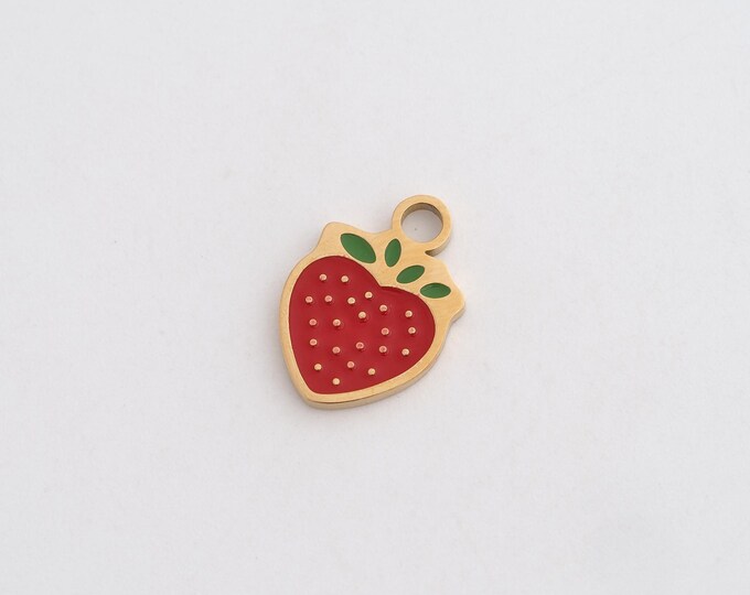 Enamel Strawberry Charms,Dainty Fruit Charm, 18K Gold Filled Strawberry Pendant,DIY Jewelry Accessories 15.3x10.5x1.3mm