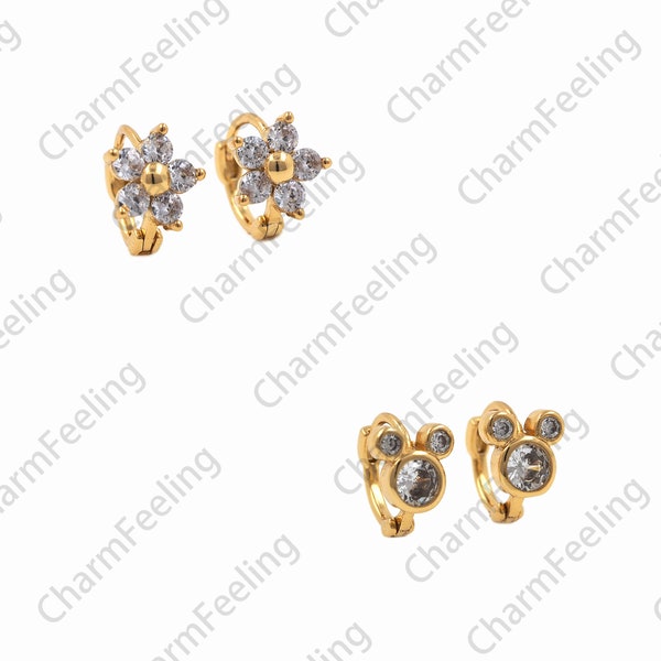 18K Gold Filled Flower-Shaped Earrings, Micropaved CZ Earrings, Flower Earrings, Fake Diamond Earrings, DIY Accessories 1 Pair