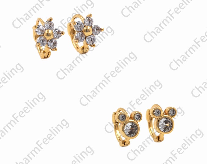 18K Gold Filled Flower-Shaped Earrings, Micropaved CZ Earrings, Flower Earrings, Fake Diamond Earrings, DIY Accessories 1 Pair