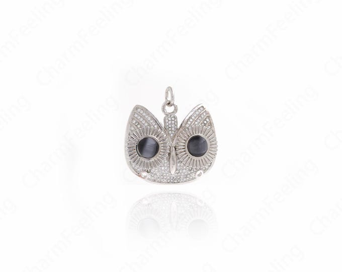 MicroPave CZ Owl Charm,Silver Filled Owl Pendant, Bird Necklace, Flying Pendant, DIY Jewelry Supplies, 40x38x9mm