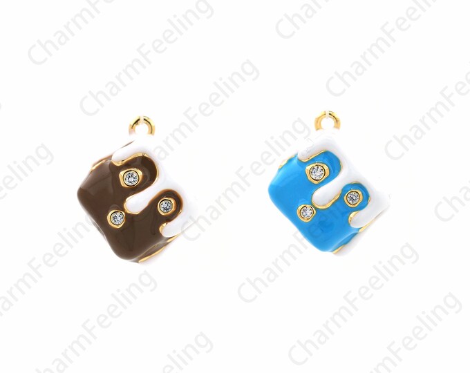Cake Pendant, Food Charm, 18K Gold Filling Enamel Charm, Cake Charm, Micropavé CZ Birthday Necklace, DIY Jewelry Supplies, 14x17x18mm