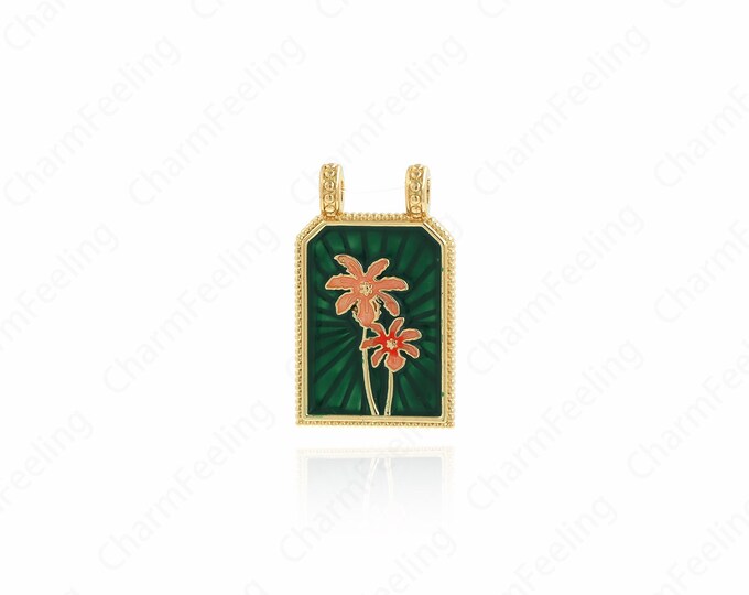 Enamel Flower Pendant,18K Gold Filled Plant Pendant,Flower Necklace,Square Charm, DIY Jewelry Making Accessories,28.8x17.6x2mm