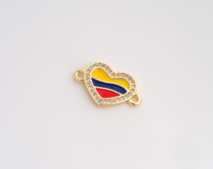 CZ Heart Flag Connector,Enamel Colombia Flag Connector,18K Gold Filled Colombia Connector,DIY Bracelet Accessories,18.8x11.2x1.8mm