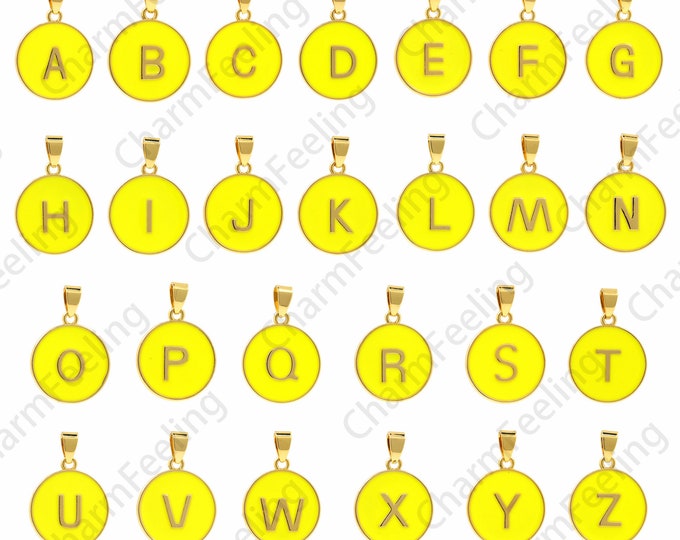 Yellow Enamel Letter Pendant,26 Initials Necklace,Enamel Charm, 18K Gold Filled Round Letter Charm, DIY Jewelry Accessories, 28x19x2.5mm