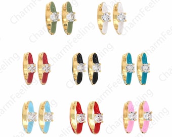 Enamel Earrings,18K Gold Filled Round Earrings, Micropavé CZ Pierced Earrings, Enamel Charm,Thick Earrings,DIY Jewelry Supplies, 15x17x2.3mm