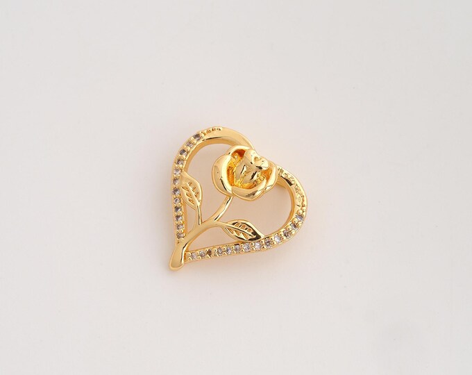 CZ Heart Pendant,Rose Flower Pendant,18K Gold Filled Flower Charm,DIY Jewelry Accessories,19.7x19.3x5mm