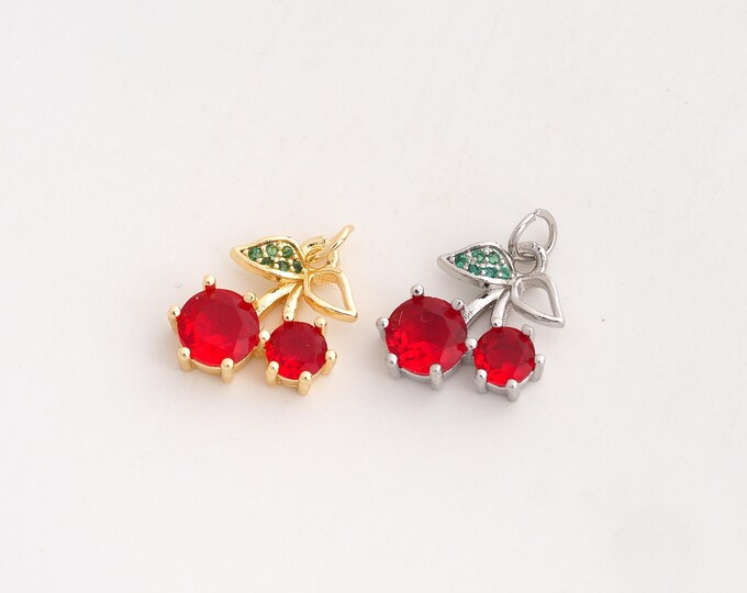 CZ Cherry Pendant,Fruit Pendant,18K Gold Filled Cherry Charm,DIY Jewelry Accessories,17.2x12.7x3.8mm