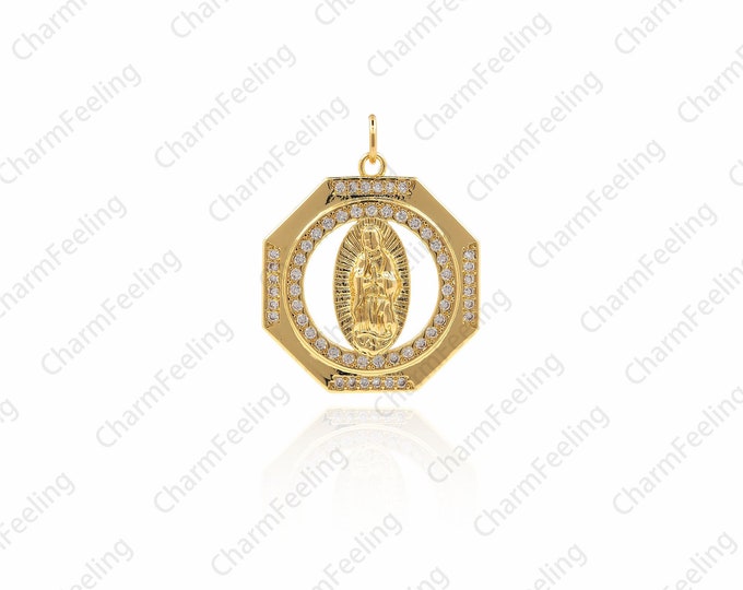 Virgin Mary Medallion Necklace,Gold Filled Octagon Religious Necklace,CZ Pave women Charms 27.5×21.7×3.5mm  1pcs