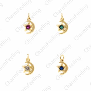 Star Pendant, Micropavé CZ Polaris Necklace, 18K Gold Filled Moon Pendant, Crescent Charm, DIY Jewelry Making Accessories, 7x12.5x2mm
