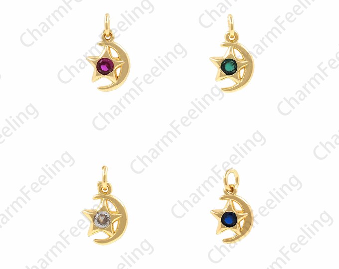 Star Pendant, Micropavé CZ Polaris Necklace, 18K Gold Filled Moon Pendant, Crescent Charm, DIY Jewelry Making Accessories, 7x12.5x2mm