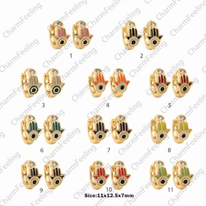 1 Pair, 18K Gold Filled Round Hamsa Earrings, Micropavé CZ Eye Earrings, Palm Earrings, Enamel Charm, Enamel Earrings, 11x12.5x7mm