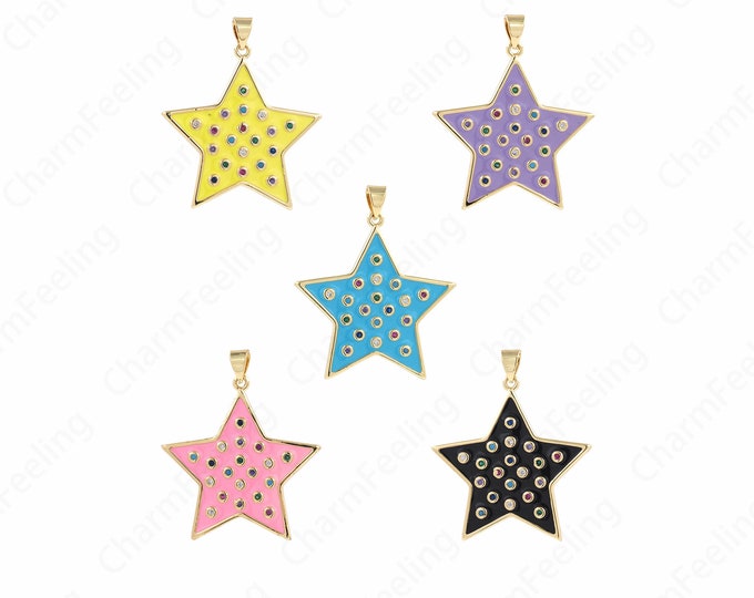 Micropavé CZ Star Necklace, Pentagram Pendant, Enamel Charm, Pentagram Charm, 18K Gold Filled Star Charm, DIY Jewelry Supplies, 36x28x2.5mm