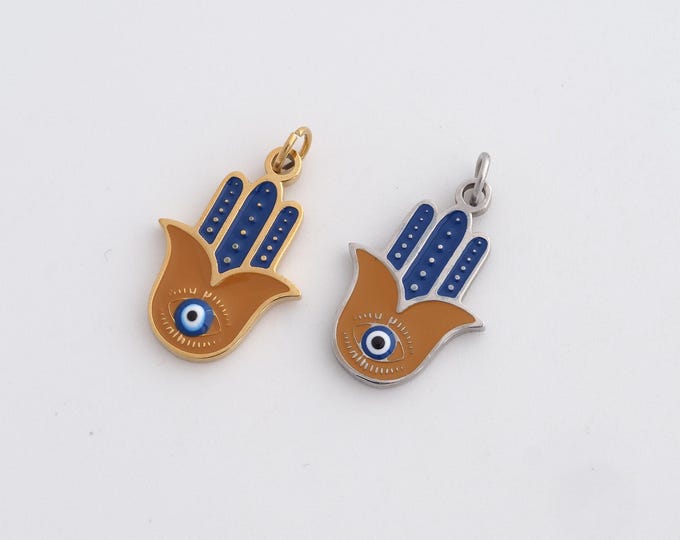 Stainless Steel Hamsa Pendant,Evil Eye Charms,Enamel Fatima Charm, DIY Jewelry Supplies, 20x11.8x1.7mm