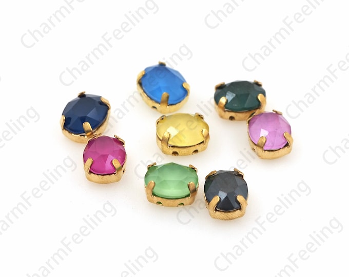 10pcs, Flat Back Crystal Rhinestones, Oval Crystal, Sewing Embellishment With Gold Claws, Multi-Color Optional 8x10mm