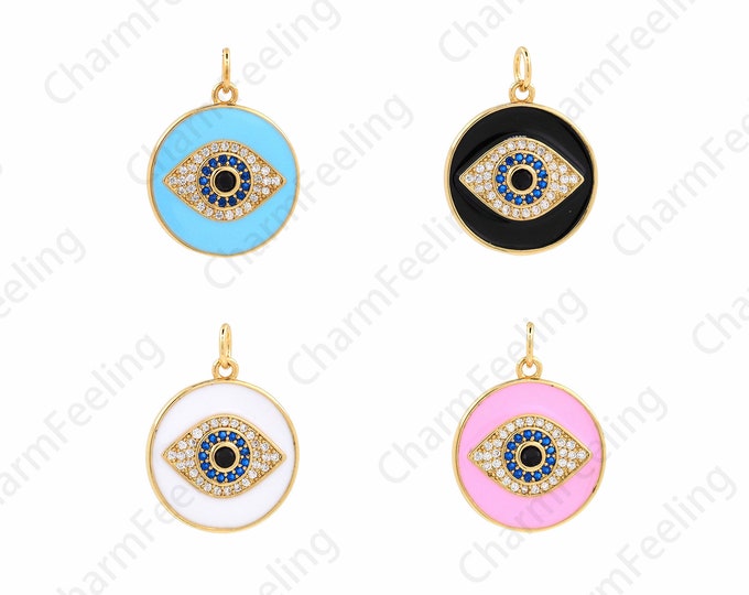 Micropavé CZ Eye Pendant, 18K Gold Filled Round White Enamel Necklace, Magic Eye Pendant, Lucky Eye Pendant 22.5x17x2mm
