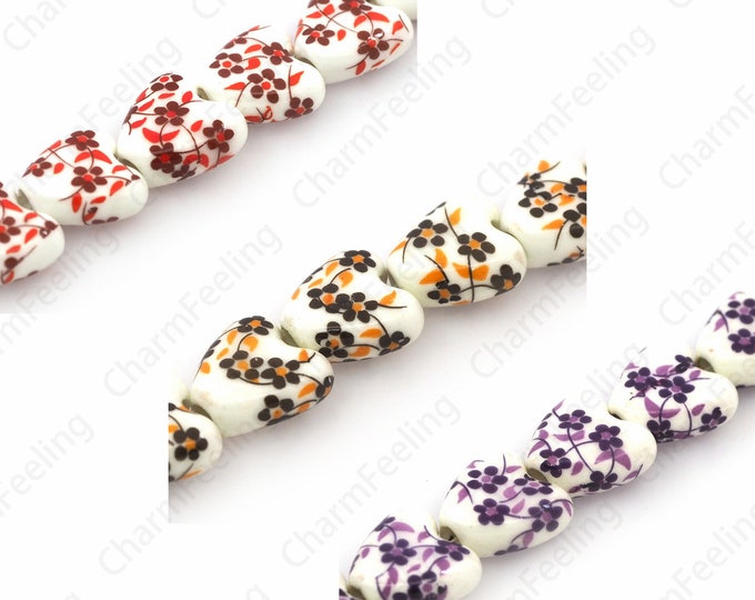 Flower Spacer Beads,Hand Painted Ceramic,Glazed Painted Ceramic,Heart Spacer Beads,Heart Beads,Plant Beads,DIY Jewelry Supplies,15mm