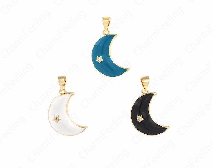 Enamel Moon Charm, Micropavé CZ Moon Pendant, 18K Gold Filled Crescent Necklace, Crescent Charm, DIY Jewelry Accessories 25.5x16.5x4mm