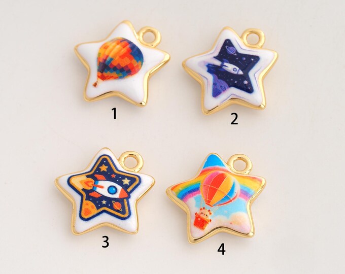 Enamel Star Pendant,Hot Air Balloon Rocket Pendant,18K Gold Filled Starburst Charm,DIY Jewelry Accessories,19.5x18.3x4.6mm