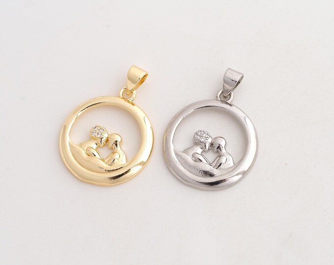 CZ Couple Pendant,Lover Pendant,18K Gold Filled Round Charm,DIY Jewelry Accessories,27.3x19.8x2.4mm