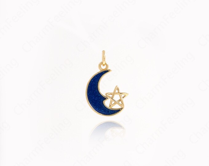 18K Gold Filled Moon Necklace,Enamel Crescent Pendant,Star Necklace,Crescent Charm,Star Charm,Star Pendant, Enamel Pendant 20x13x1.6mm